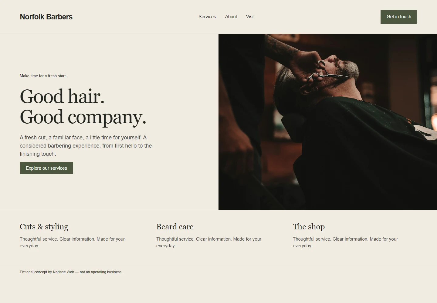 Fictional Norfolk Barbers website concept with a cream layout and barber photography.
