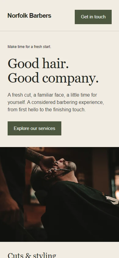 Mobile view of the fictional Norfolk Barbers concept.
